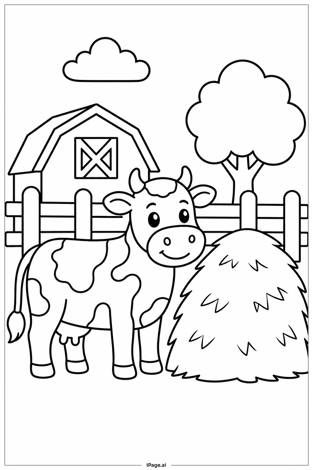  Page de coloriage Vache à côté d'une meule de foin 
