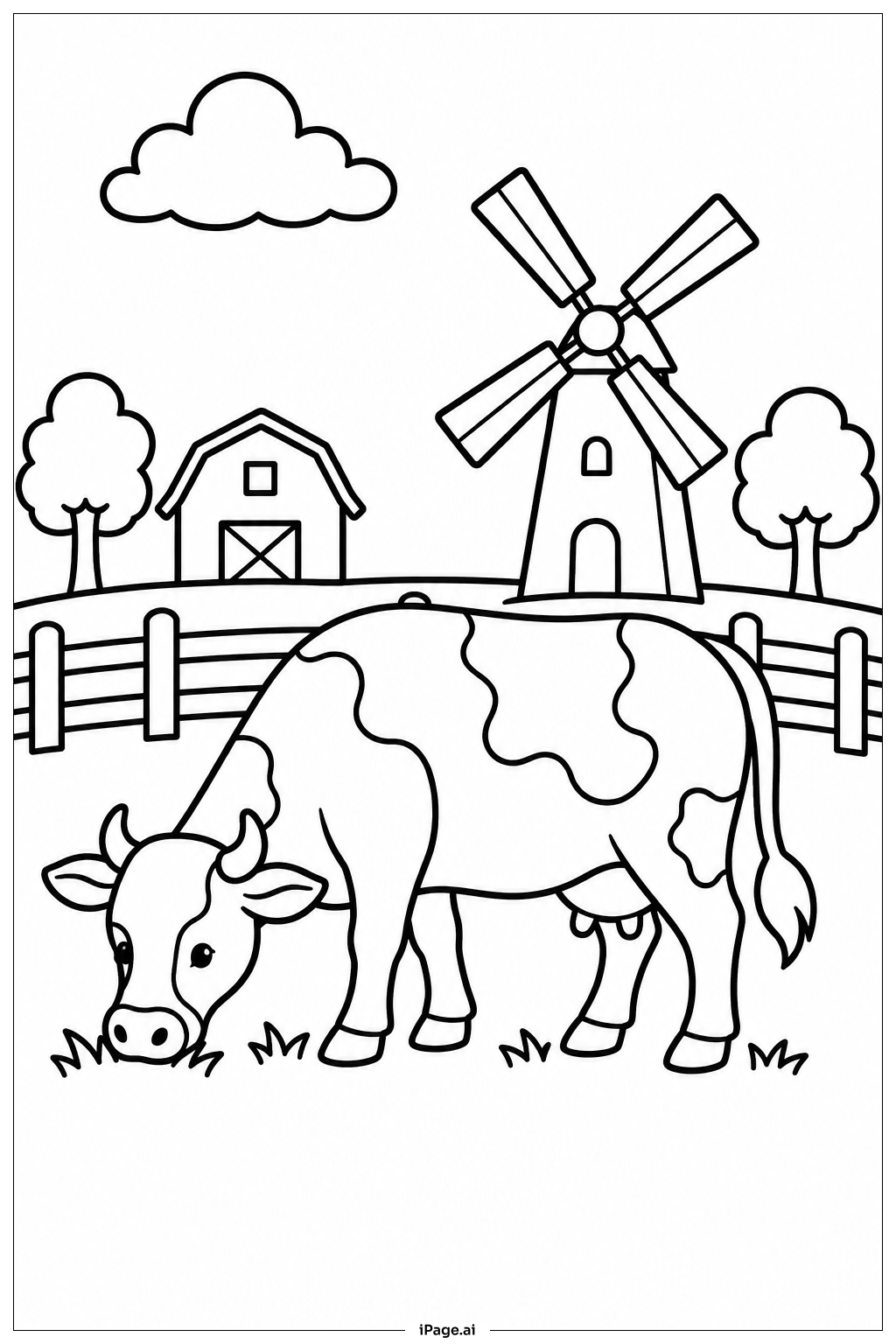  Página para colorear de Vaca Cerca del Molino de Viento 