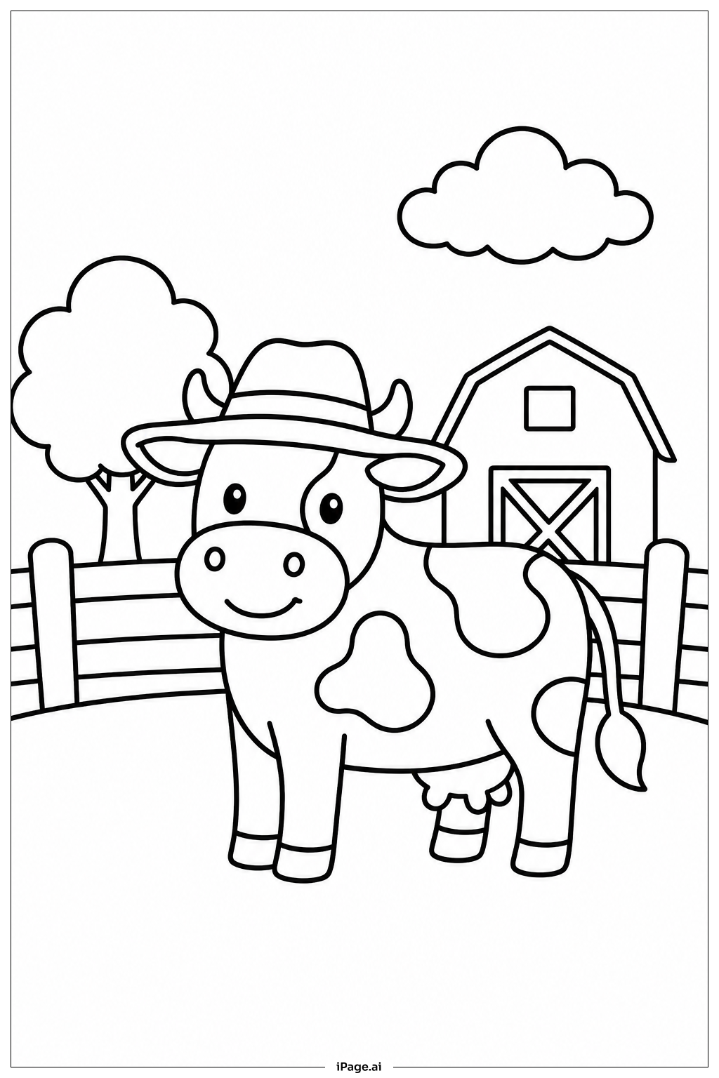  Página para colorear de Vaca con sombrero de granjero 
