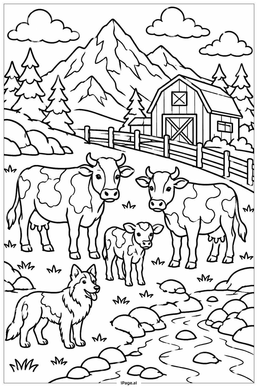  山の牧場の牛の塗り絵ページ 