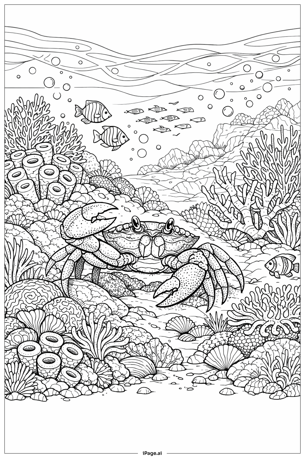Page de coloriage Crabe au récif corallien