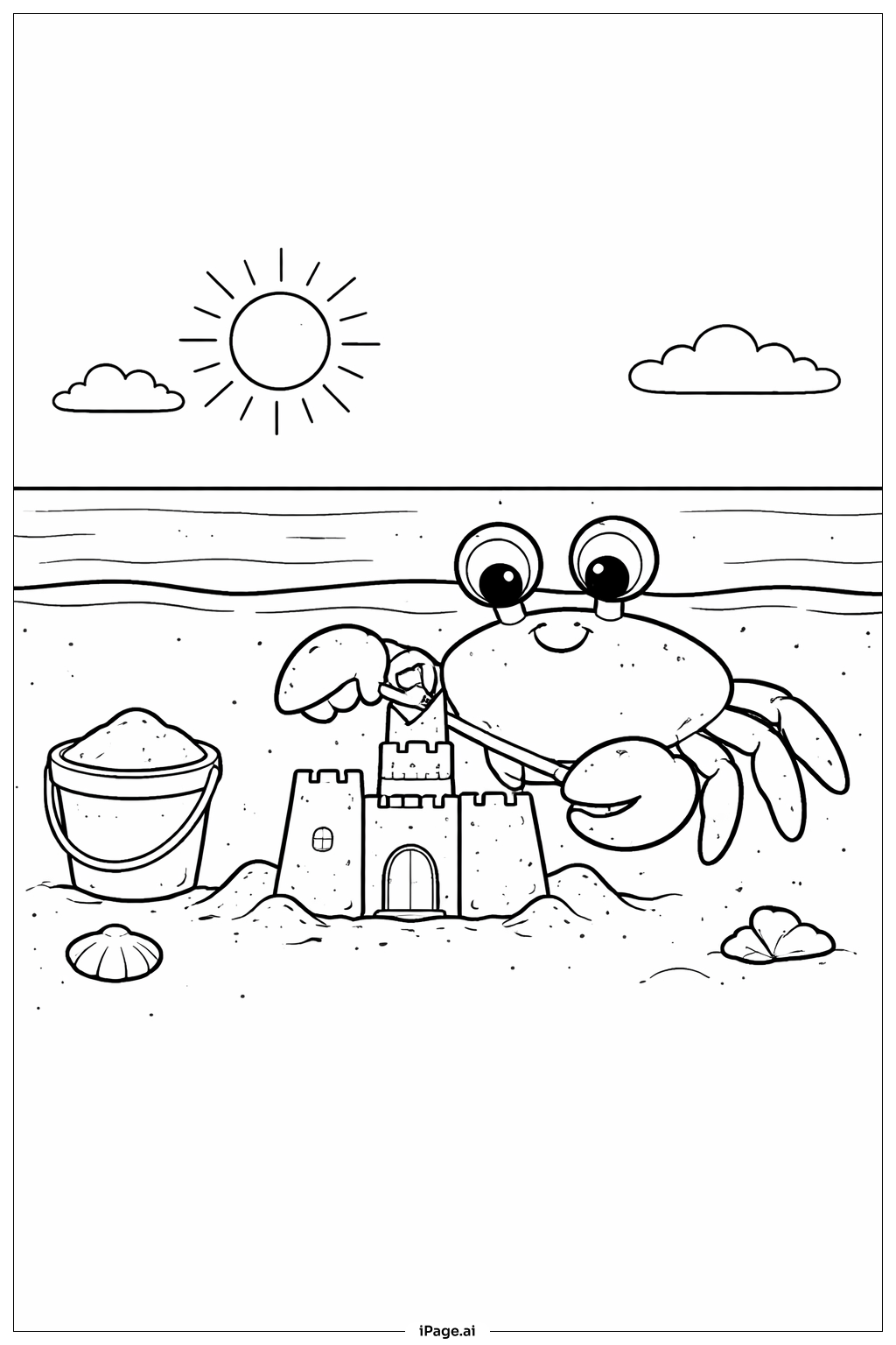  螃蟹堆沙堡填色页 