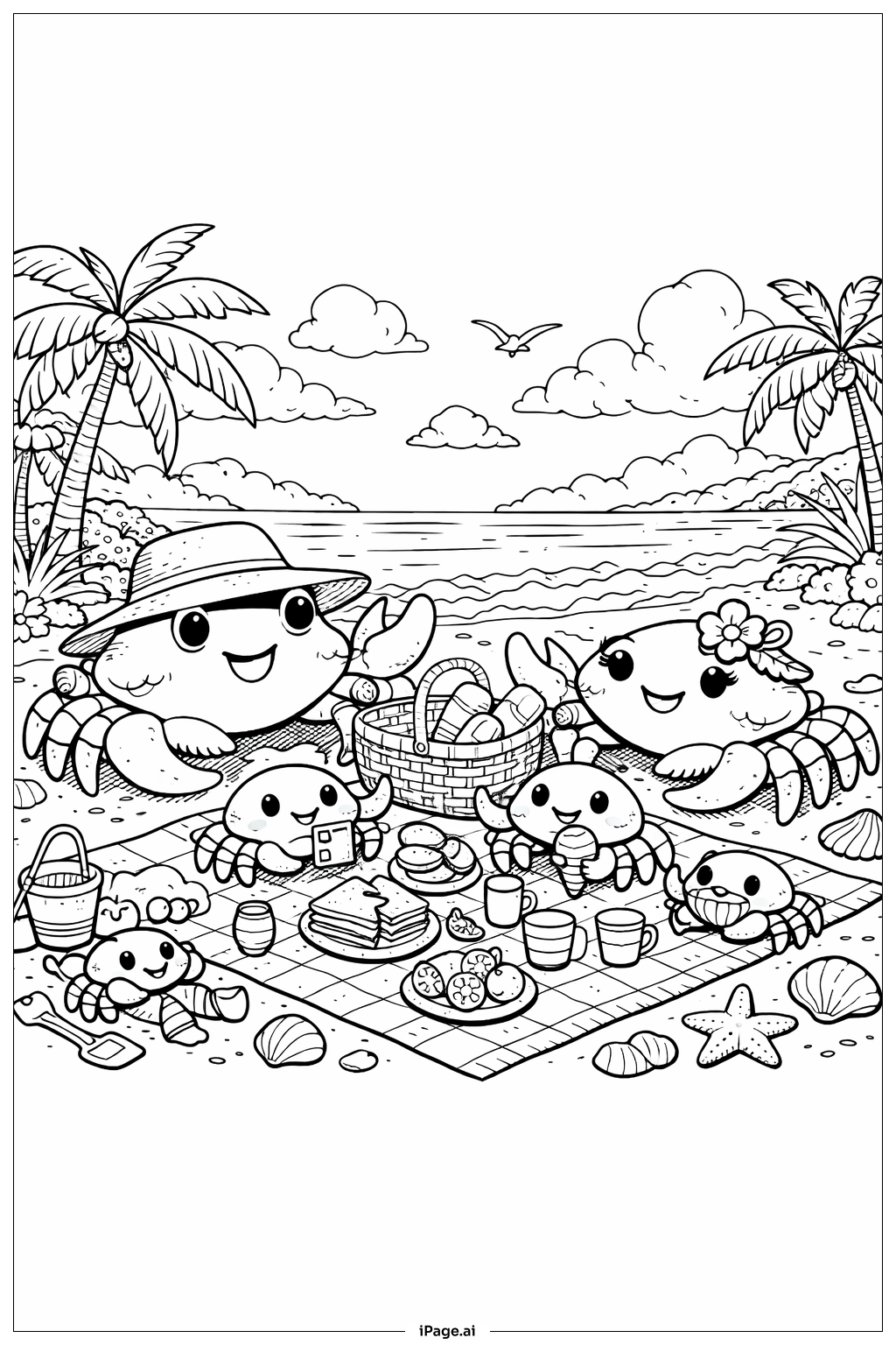  螃蟹家庭野餐填色页 