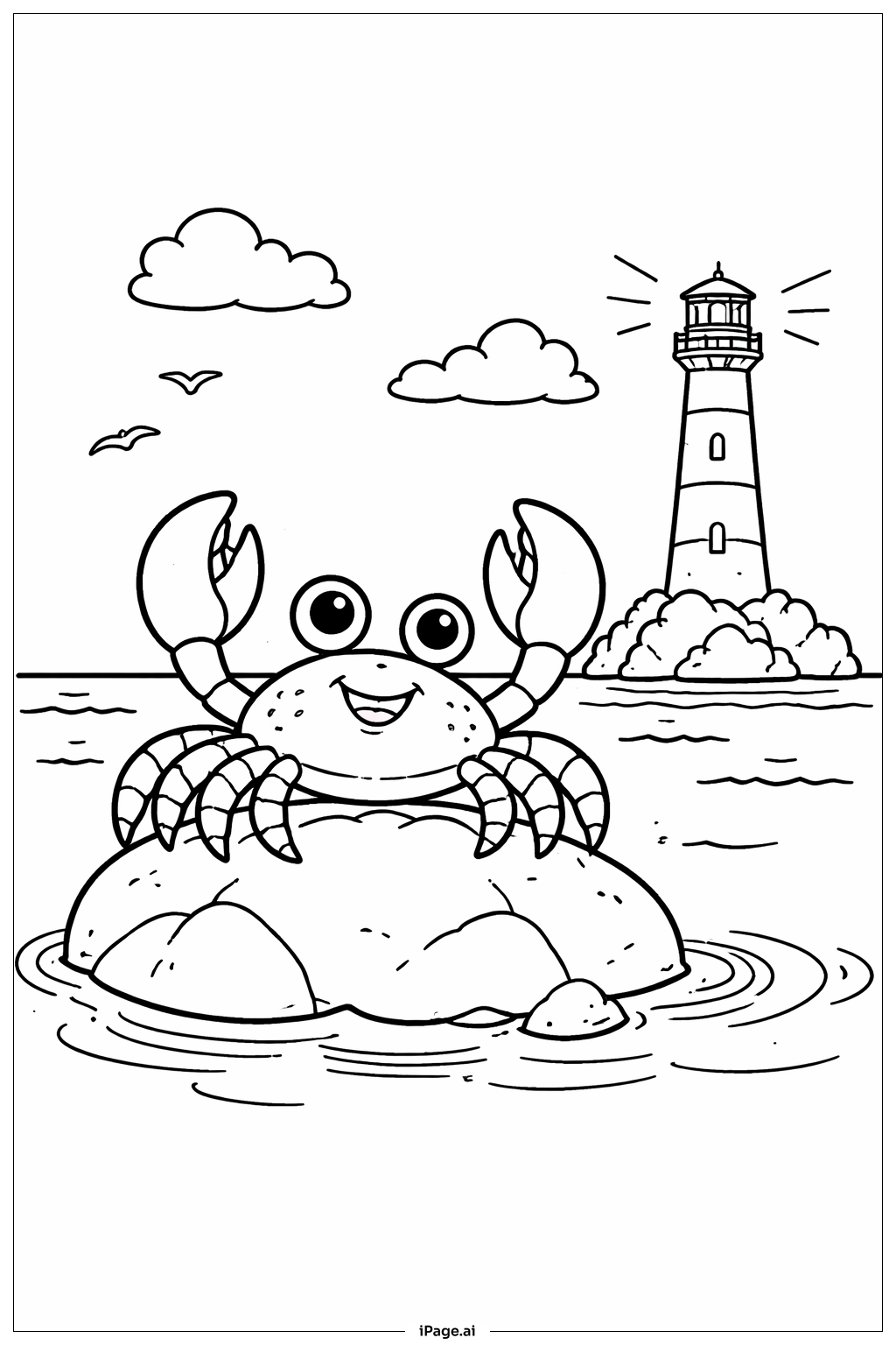  Page de coloriage Crabe près du phare 