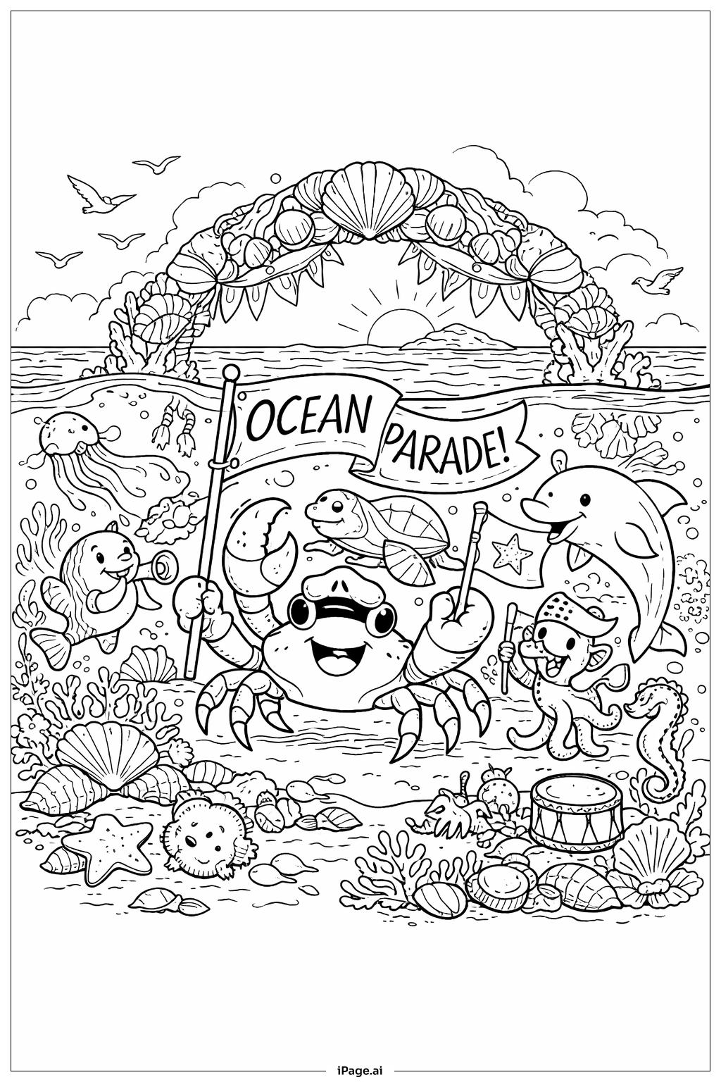 カニの海のパレードの塗り絵ページ