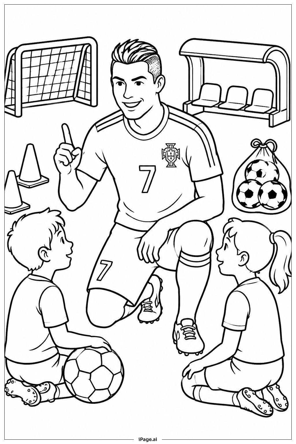 Cristiano Ronaldo Coaching Kids Session Coloring Page