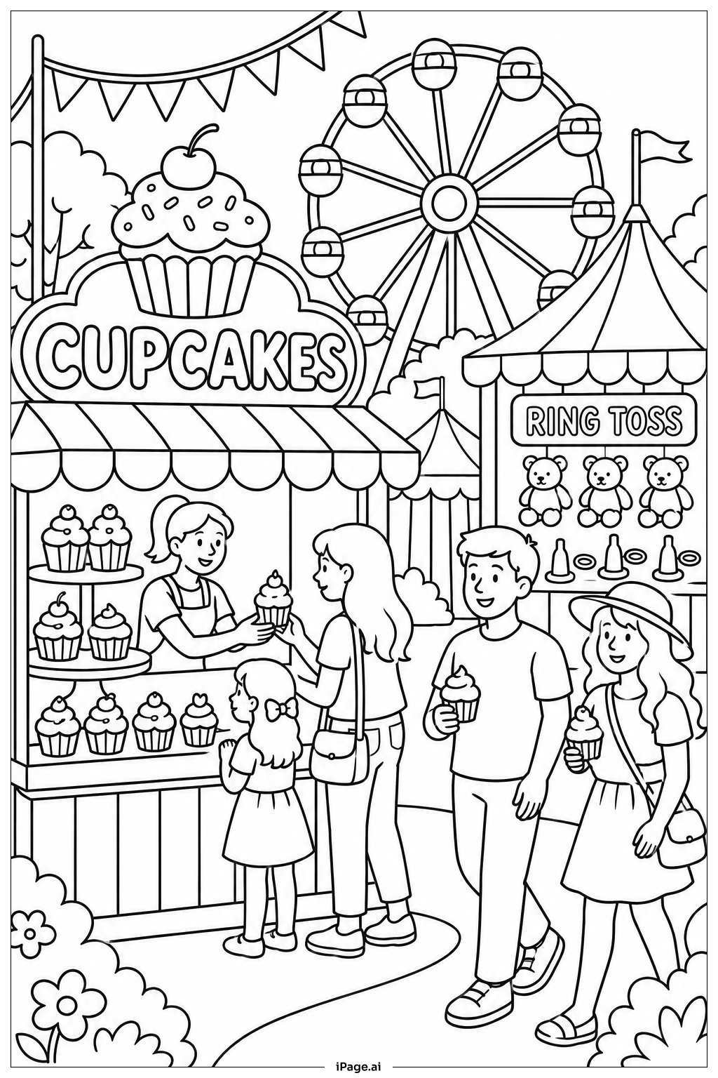 カップケーキマーケット遊園地の塗り絵ページ