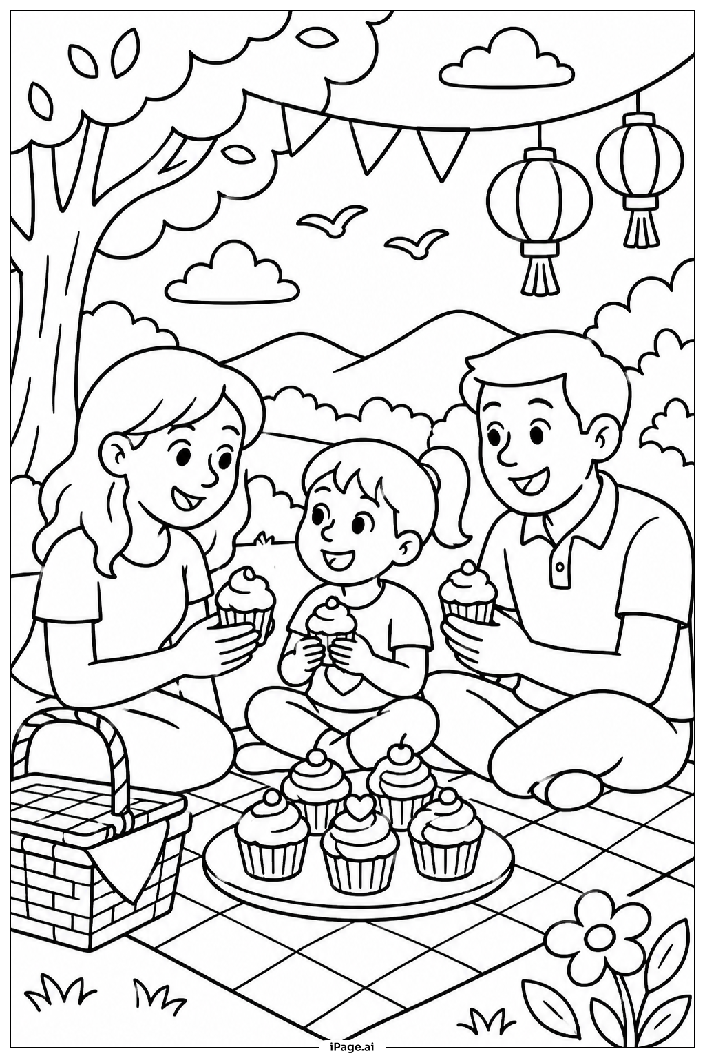Trang tô màu Dã Ngoại Ăn Bánh Cupcake Cùng Gia Đình