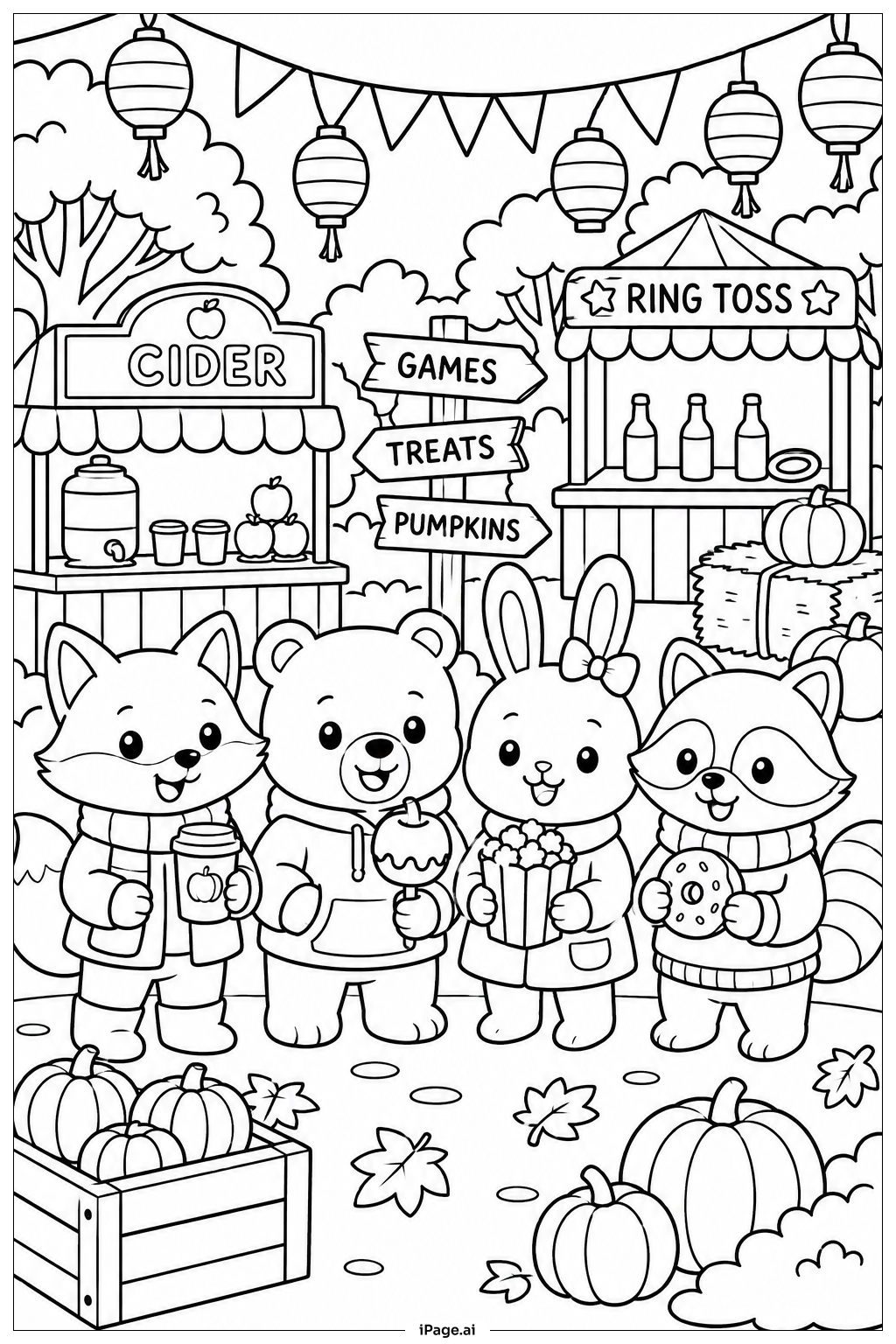Cute Animal Autumn Festival Coloring Page