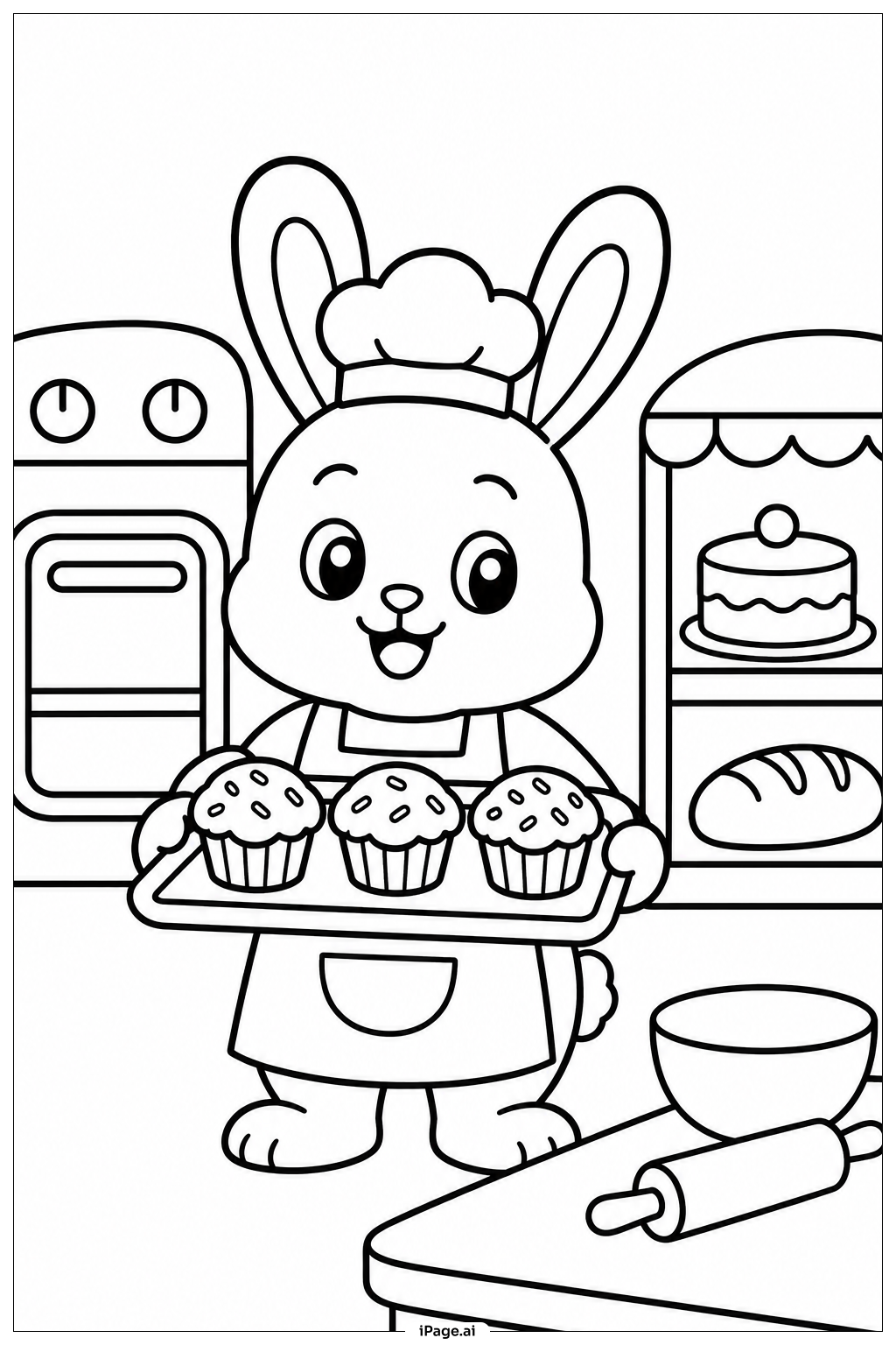 かわいい動物のパン屋さんの手伝いの塗り絵ページ