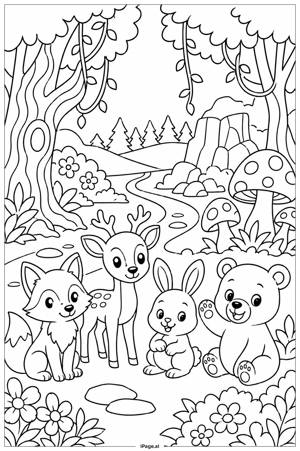 Cute Animal Enchanted Forest Coloring Page