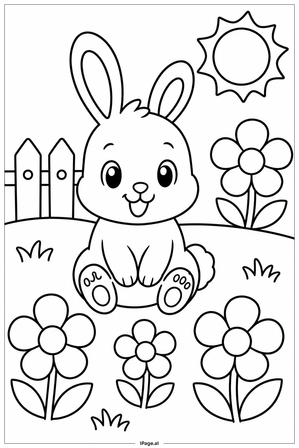 かわいい動物の花畑の塗り絵ページ