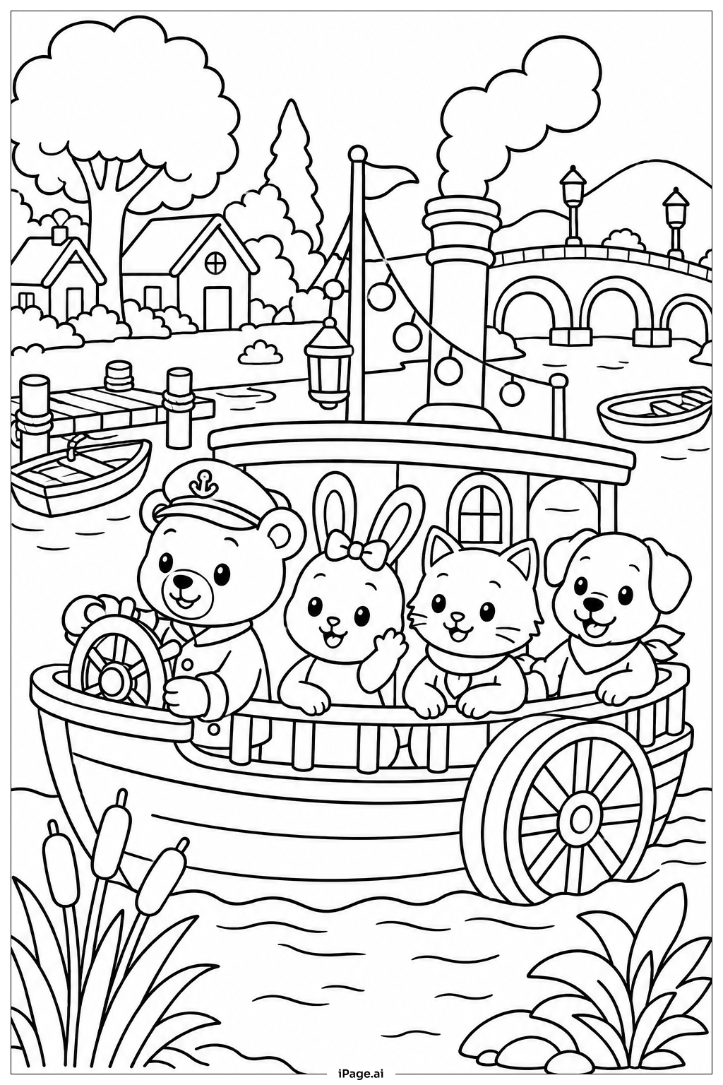 Cute Animal Riverboat Journey Coloring Page