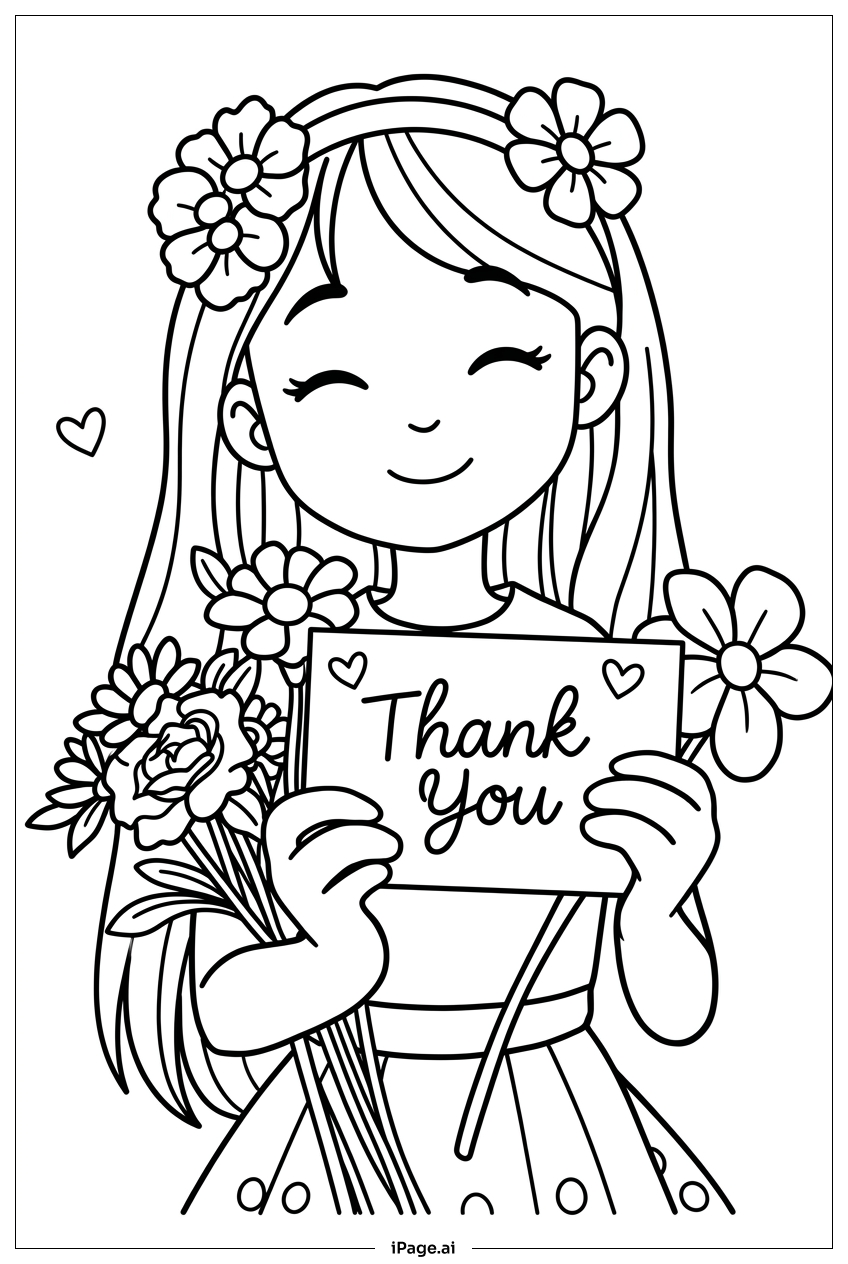  Página para colorir de Menina Agradecendo Com Cartão E Flores 