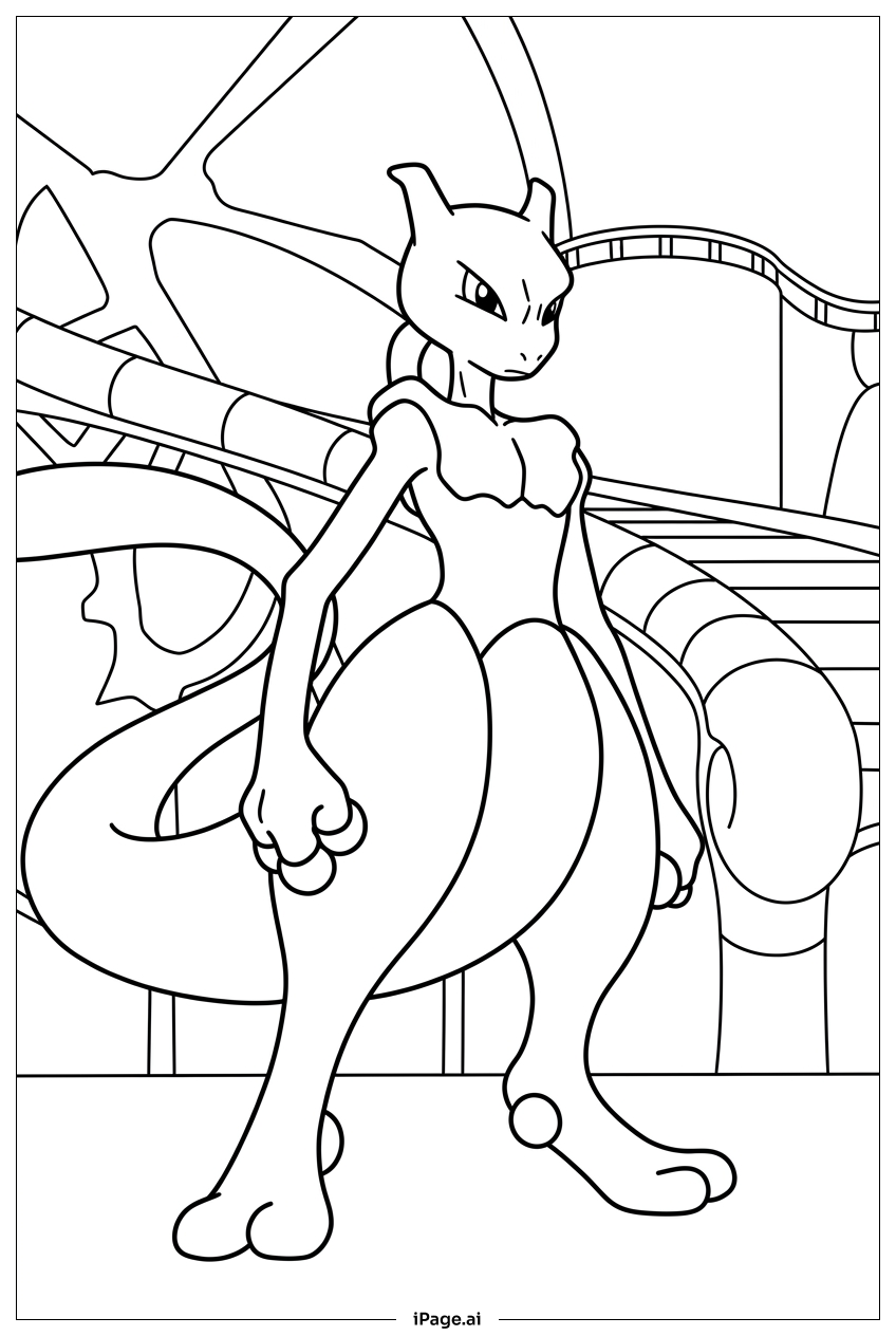 Página para colorear de Mewtwo despierta en el laboratorio del Team Rocket
