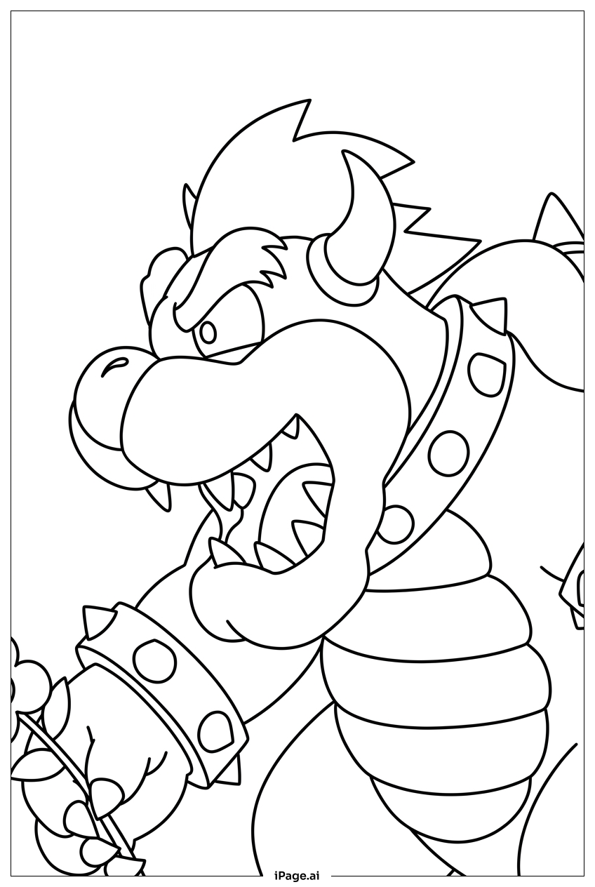 Bowser angrily holds a delicate flower Coloring Page