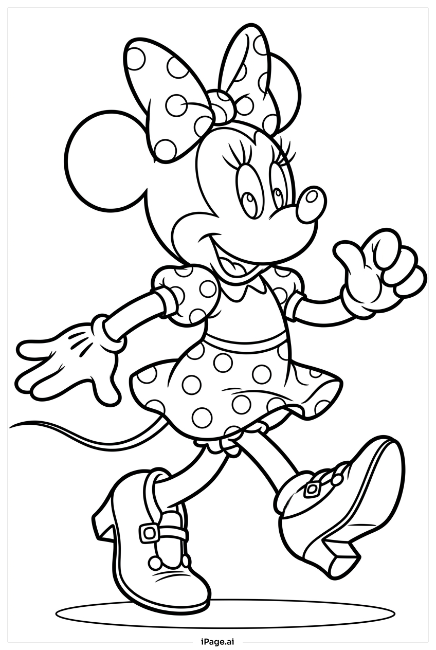 Minnie Mouse schlendert selbstbewusst in stilvollen Schuhen Ausmalseite