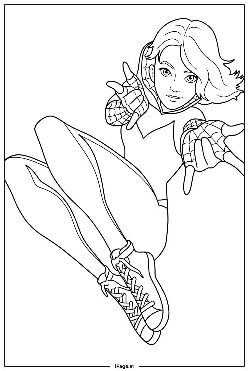 Spider Gwen unmasked midair, aiming web shots Coloring Page