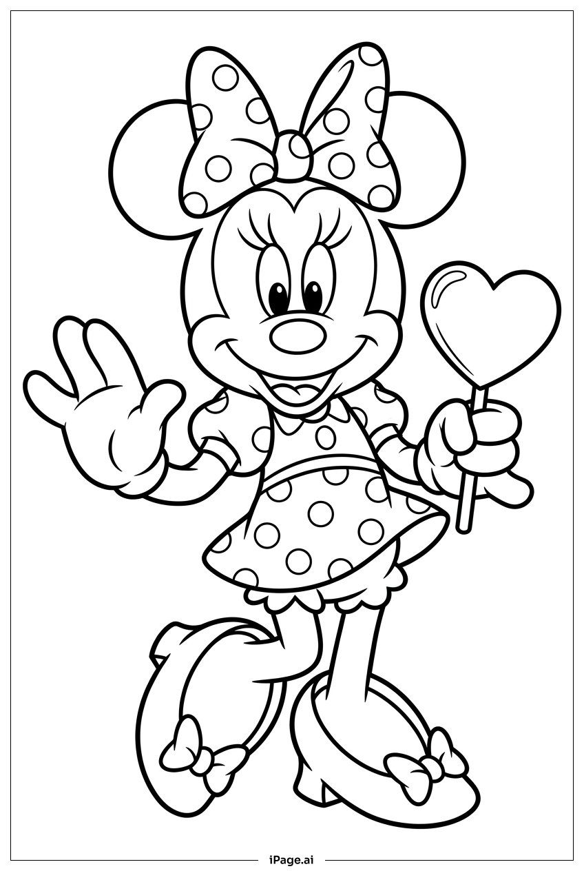 Minnie Mouse winkt mit einem herzförmigen Lolli Ausmalseite