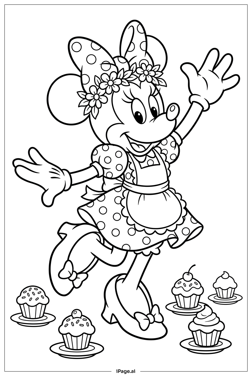 Minnie Maus tanzt um köstliche glasierte Cupcakes Ausmalseite