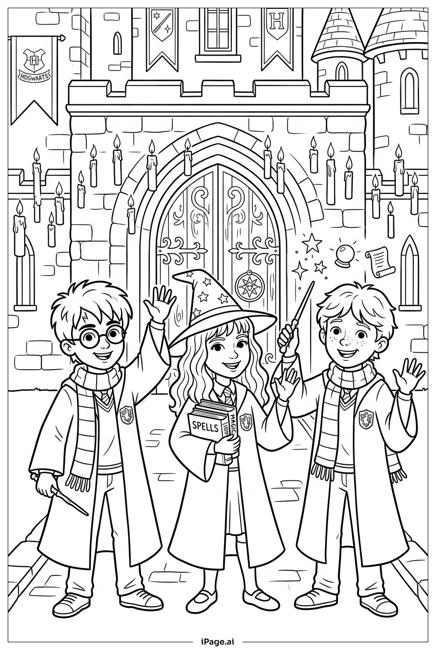 Página para colorir de Harry Potter Acenando Fora das Grandes Portas de Hogwarts