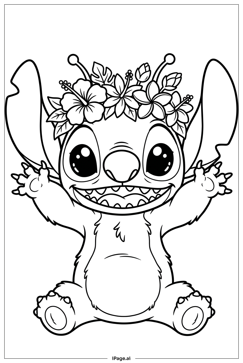 ステッチ、花咲く島の冠でルアウを祝う