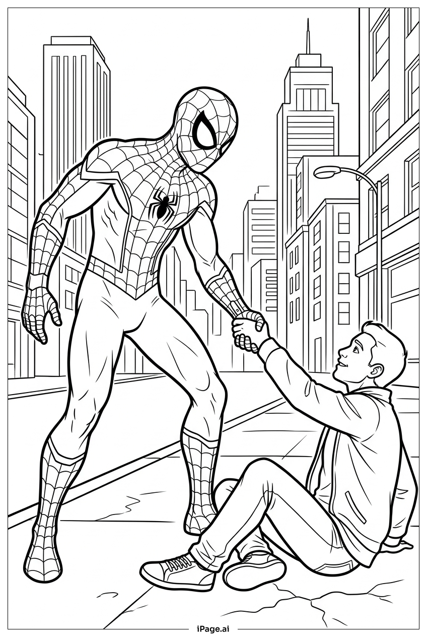 Página para colorir de Homem-Aranha ajuda cidadão ferido a se levantar após o resgate