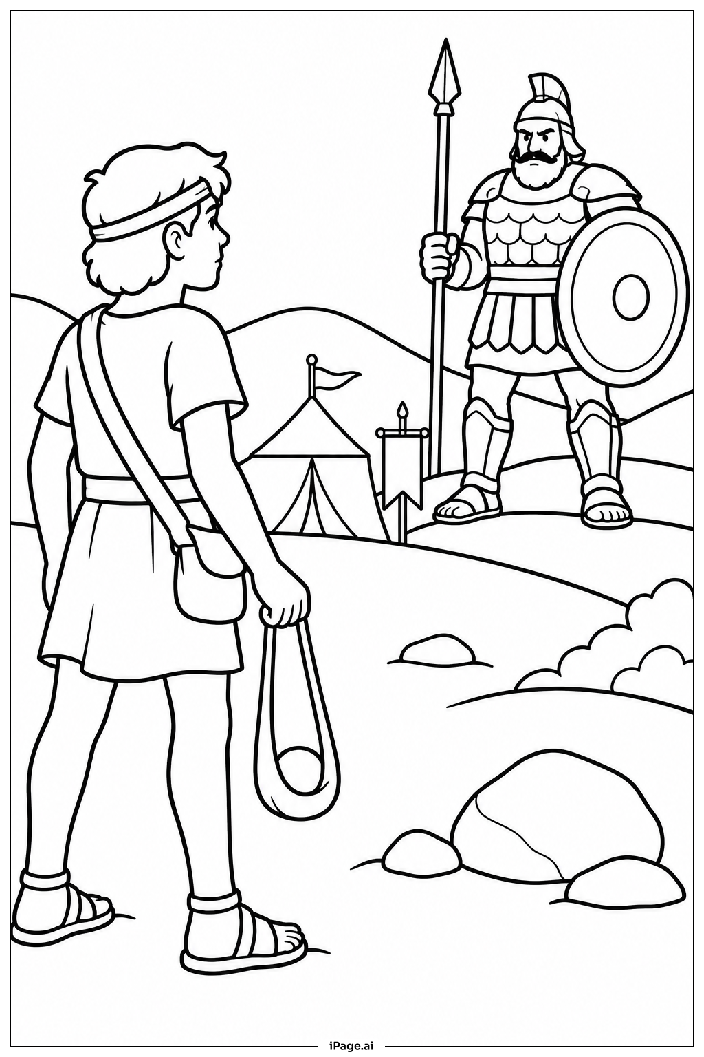 Page de coloriage David et Goliath avant le duel