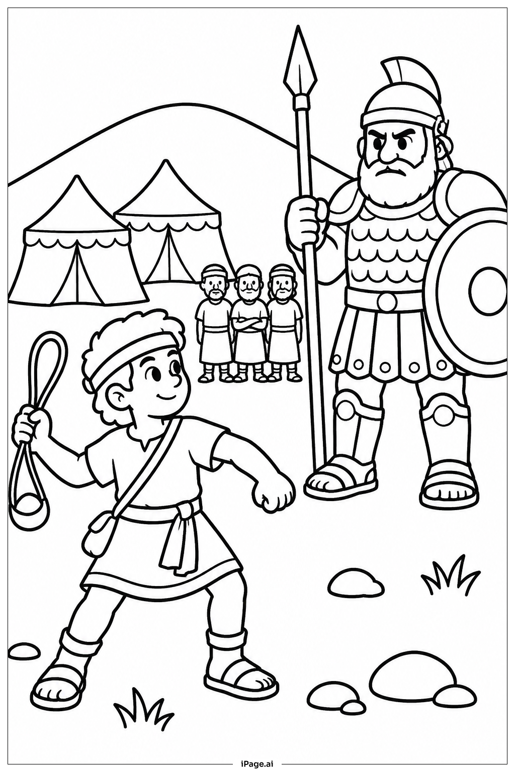 ダビデとゴリアテ小さな群衆の塗り絵ページ