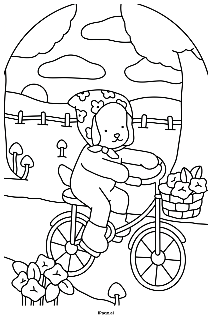 Página para colorear de Jinete de Bobbie Goods con Sombrero de Flores Explorando el Campo