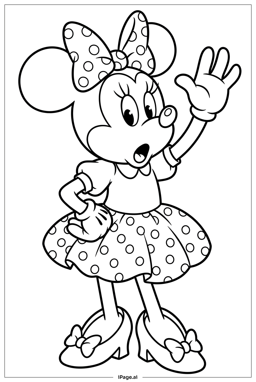Minnie Maus ruft mit erhobener Hand Ausmalseite