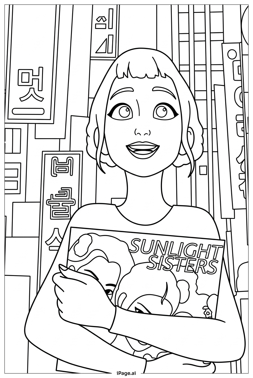  Kpop Demon Hunters fan hugs album downtown Coloring Page 