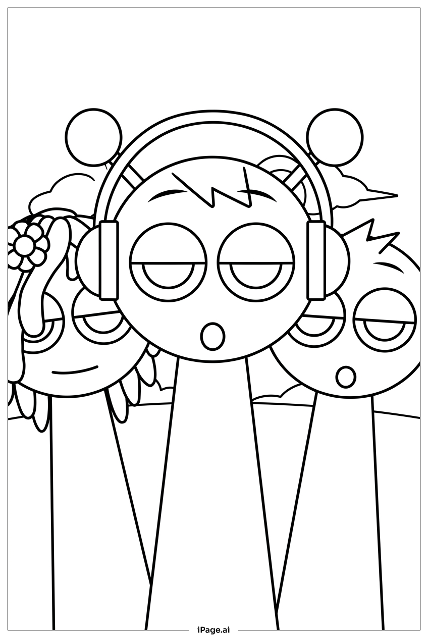 Página para colorir de Banda Sprunki cantando juntos ao nascer do sol