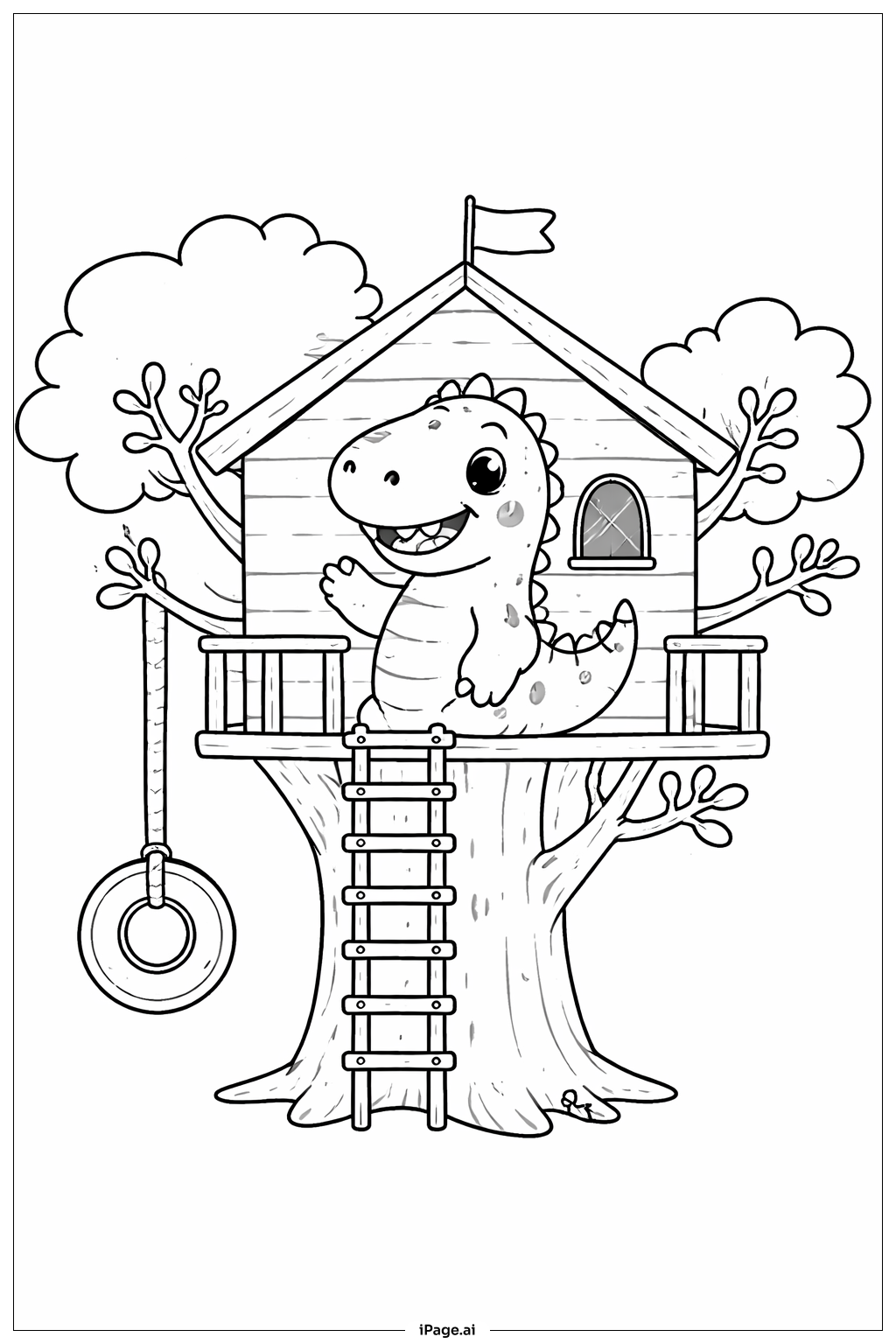 Dinosaur In Treehouse Coloring Page