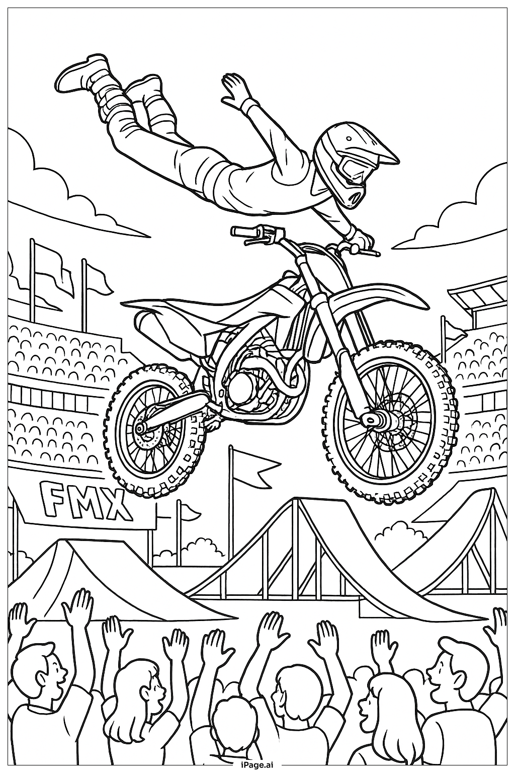  ダートバイクスタントショーの塗り絵ページ 