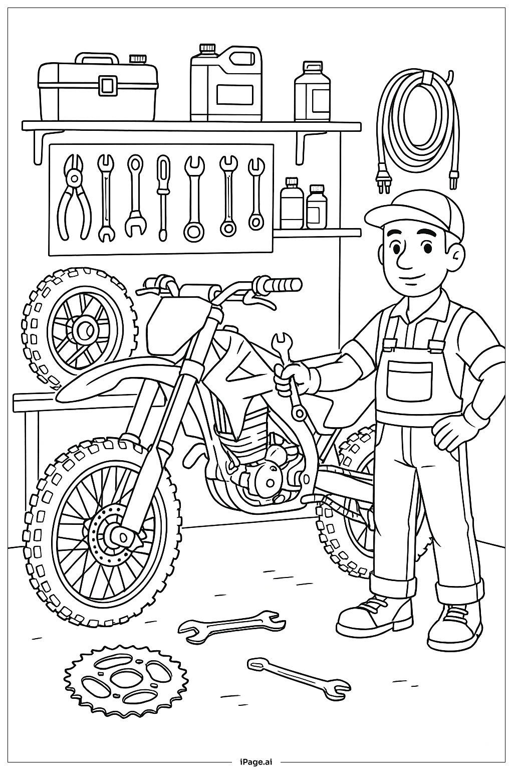  Página para colorear de Escena del Taller de Motocross 