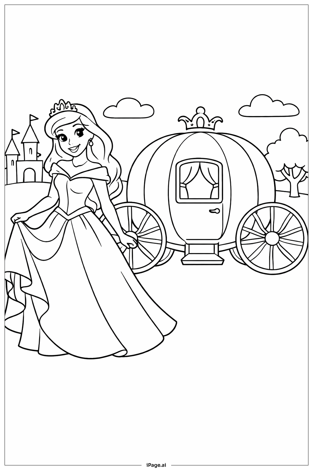  Página para colorear de Princesa de Disney y Carruaje 
