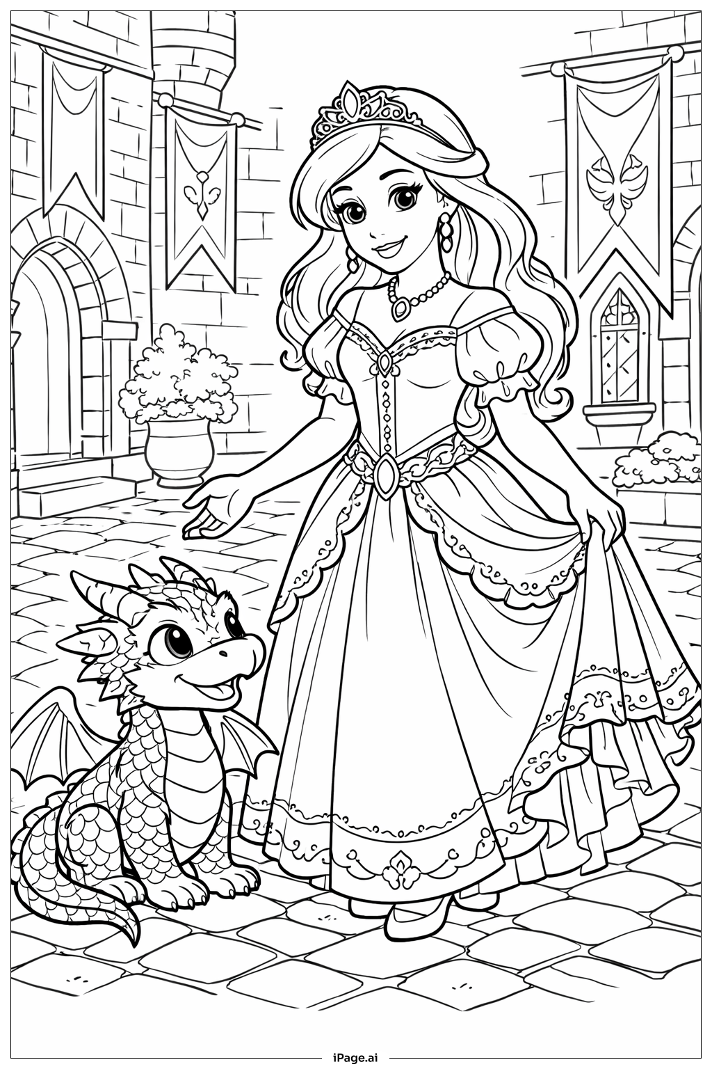  Página para colorear de Princesa Disney y su amigo dragón 