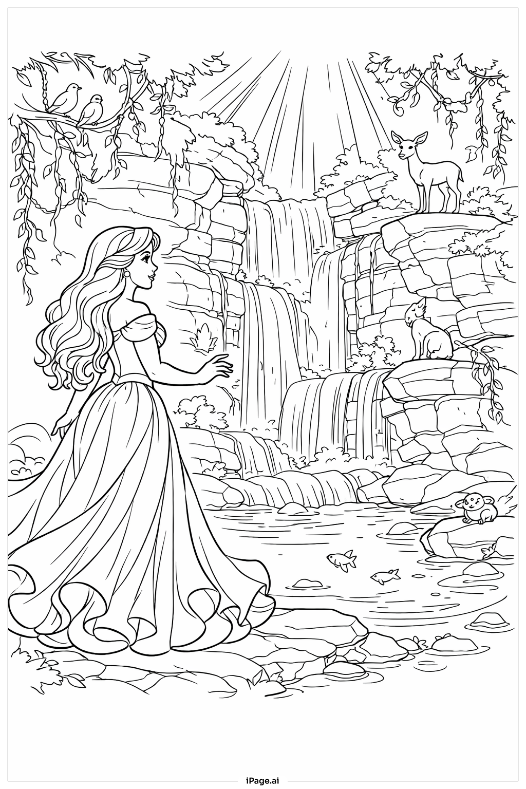  Página para colorear de Princesa Disney en la Cascada 