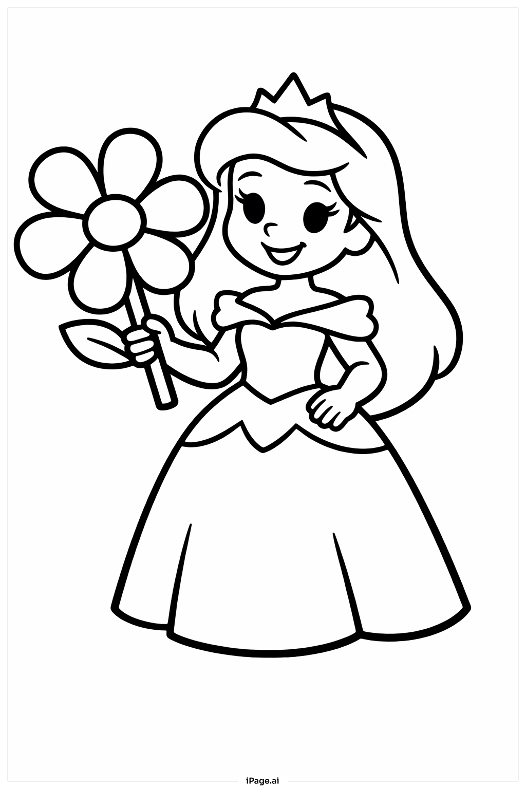 花を持つディズニープリンセスの塗り絵ページ