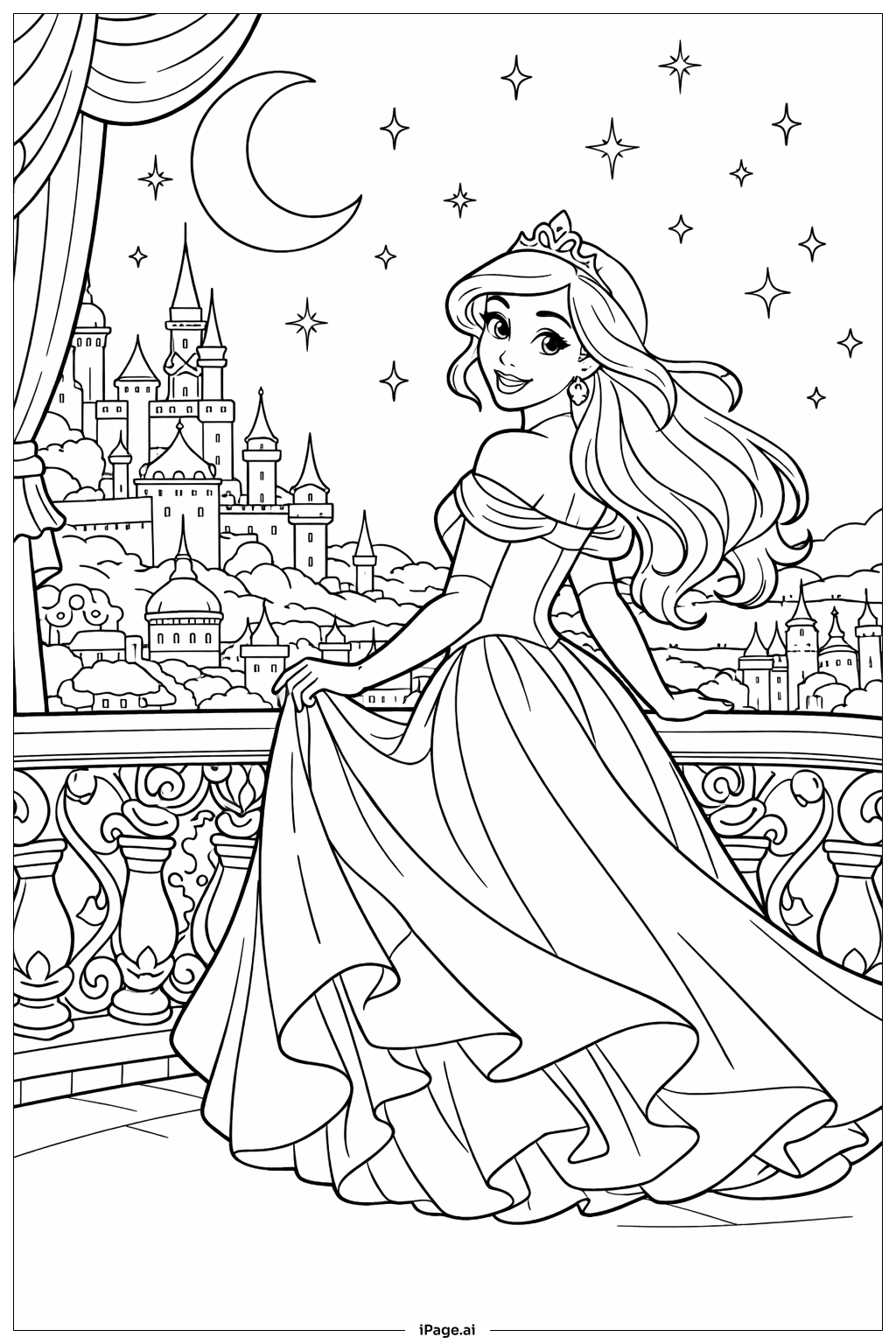  Página para colorear de Balcón a la luz de la luna de la Princesa Disney 