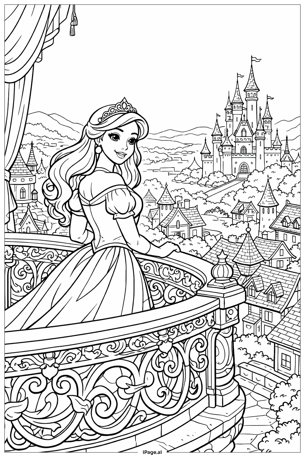  Página para colorear de Princesa Disney en Balcón con Vista al Reino 