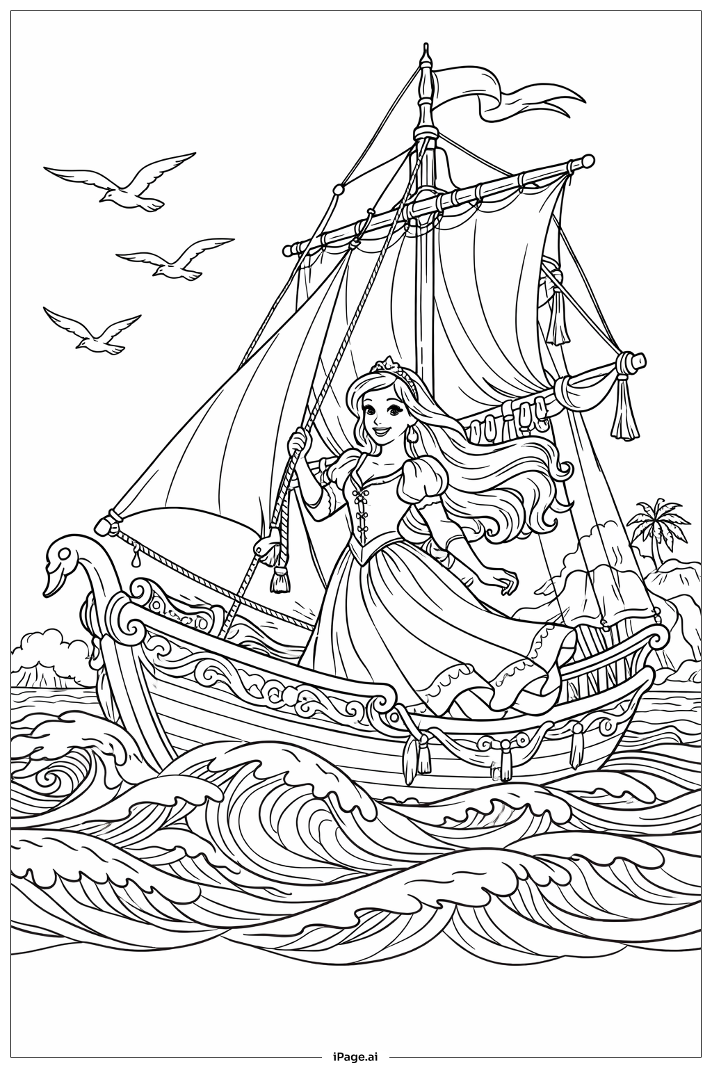  迪士尼公主帆船填色页 