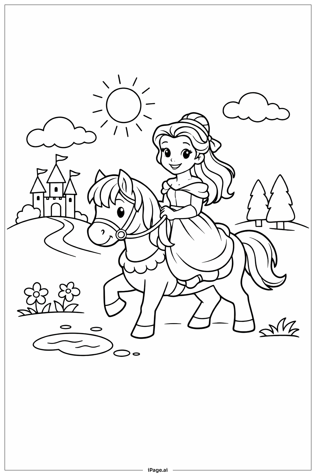  Página para colorear de Princesa Disney Montando a Caballo 
