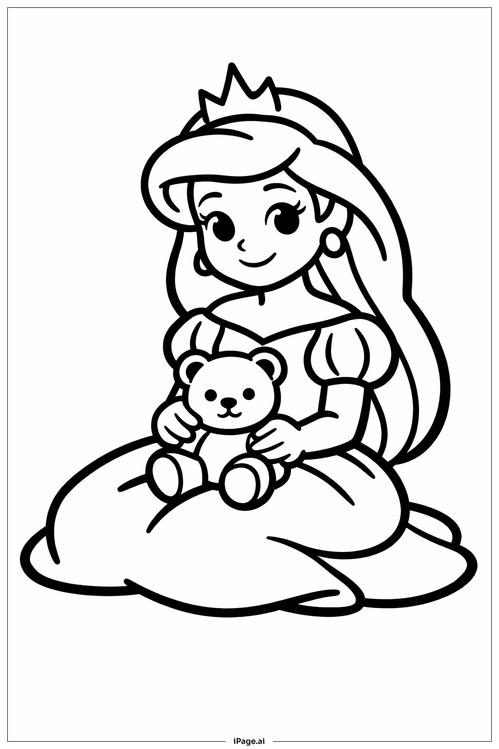 テディベアと座っているディズニープリンセスの塗り絵ページ