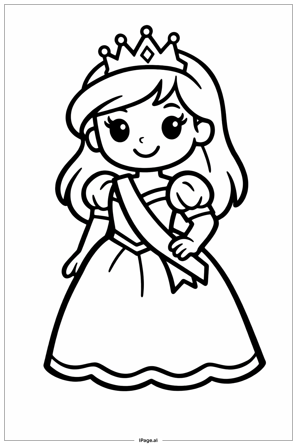  戴皇冠和绶带的迪士尼公主填色页 