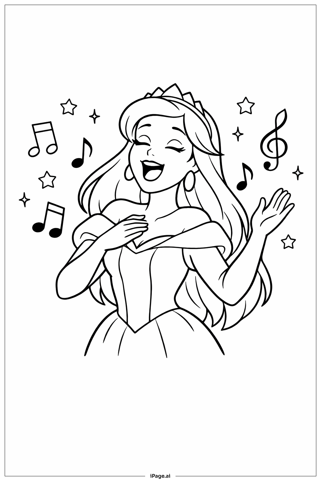  Página para colorear de Princesa de Disney con notas musicales 