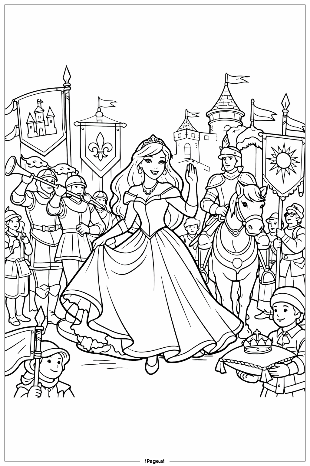  Página para colorear de Princesa Disney con Procesión Real 