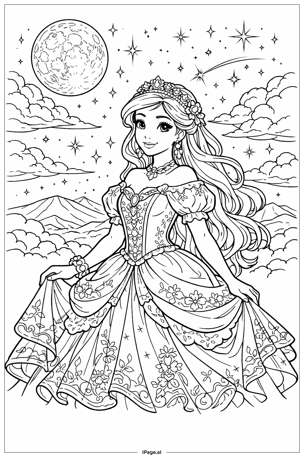 星空下的迪士尼公主填色页 