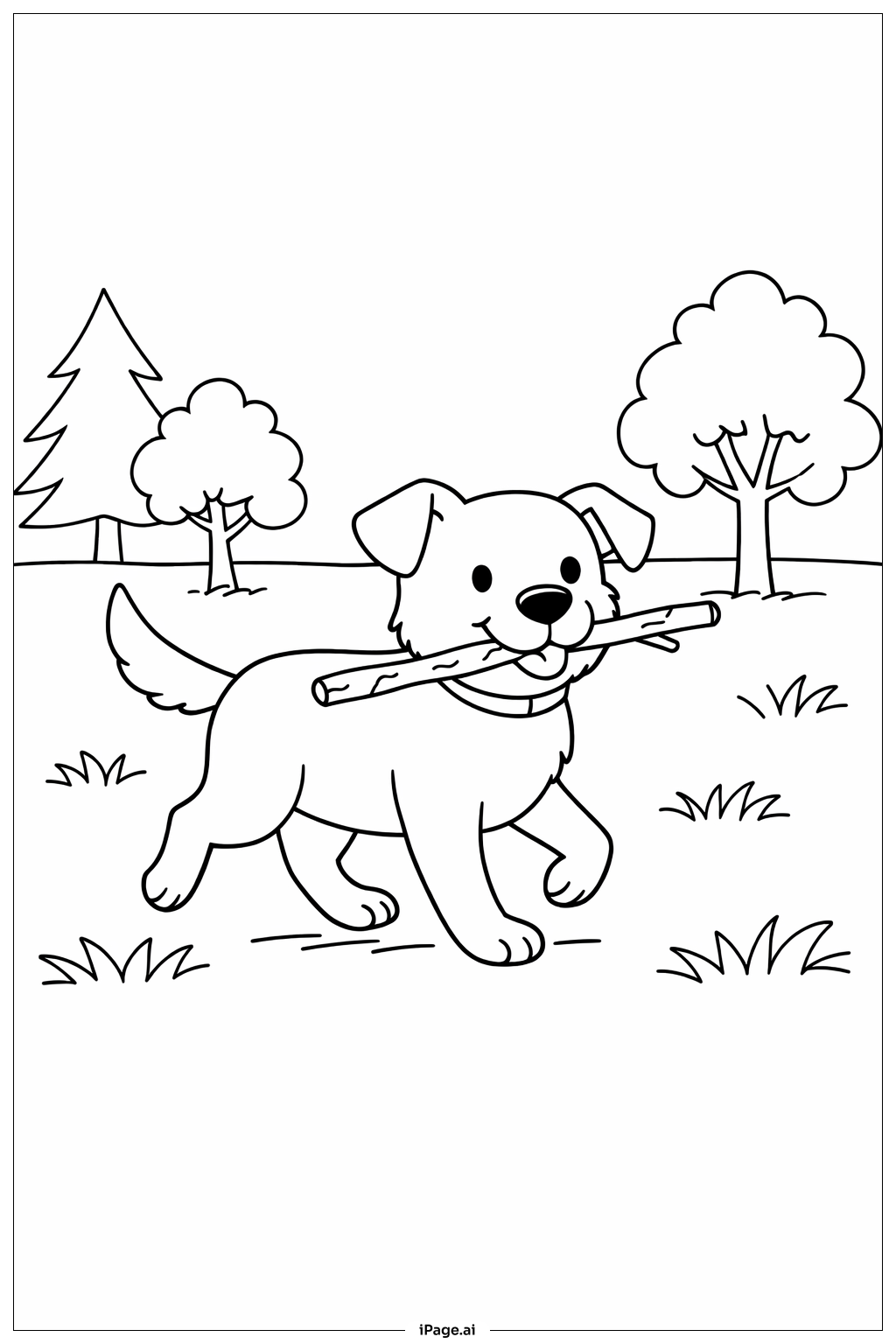  Dog Fetching Stick Coloring Page 